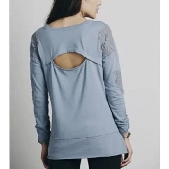Free People Top Womens Medium Blue Grandpa Jersey Outer Sunset Lace Cut Out Boho - Picture 7 of 11